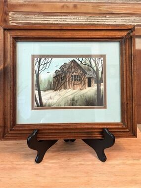 Framed Rustic Cabin Watercolor Artwork - Brown Frame, Mint Mat
